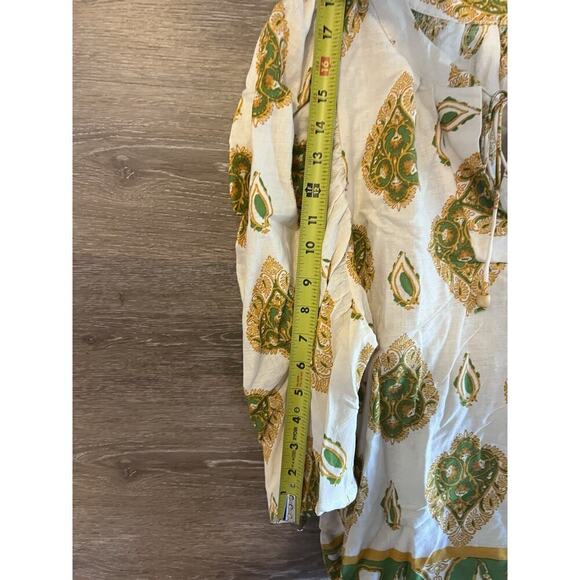 Haute Hippie Women Boho Linen Blouse top Sz L Paisley print Gold Beige Tie Neck - Picture 9 of 9
